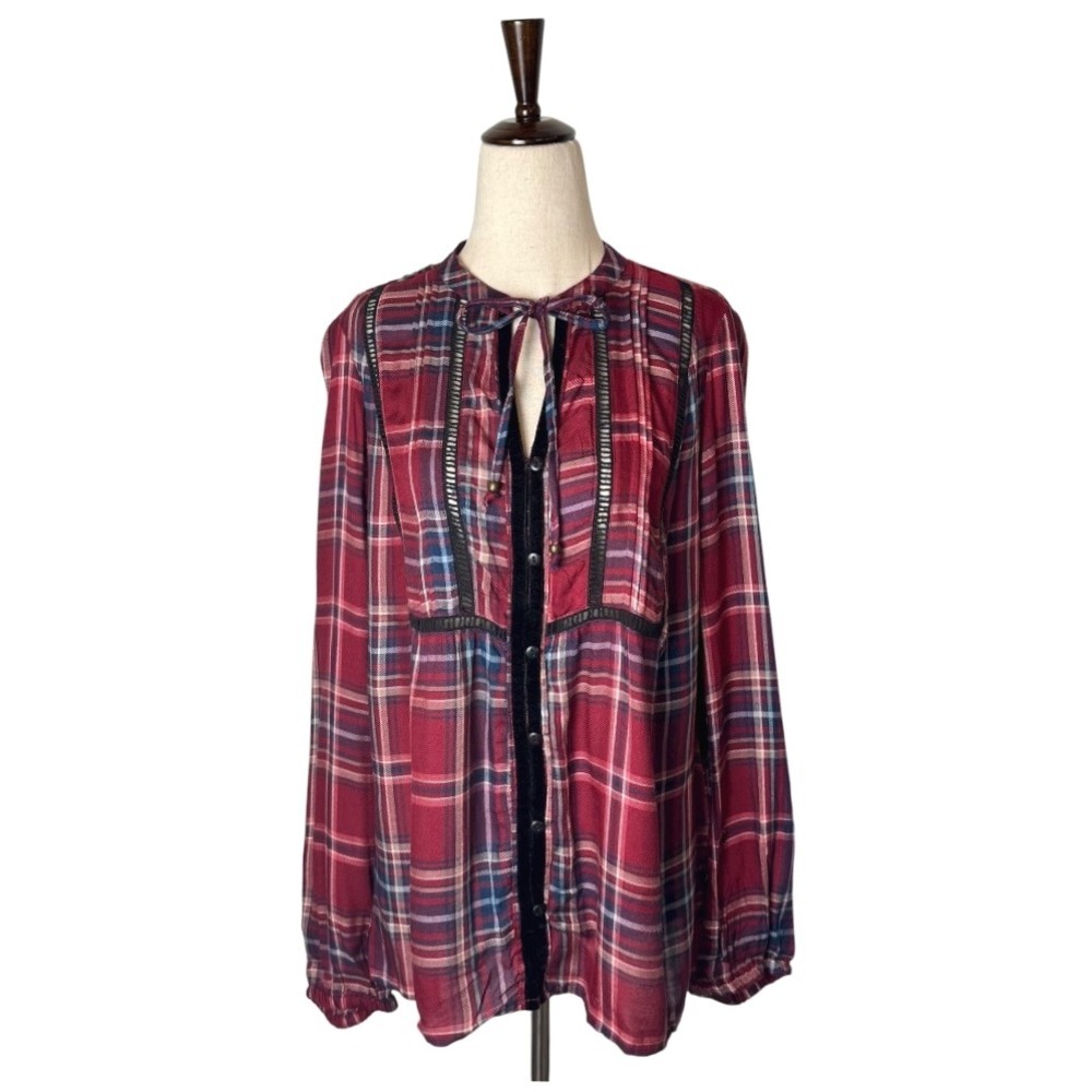 Seven 7 Shirt Women Small Red Plaid Velvet Trim Button Down Top Preppy Retro
